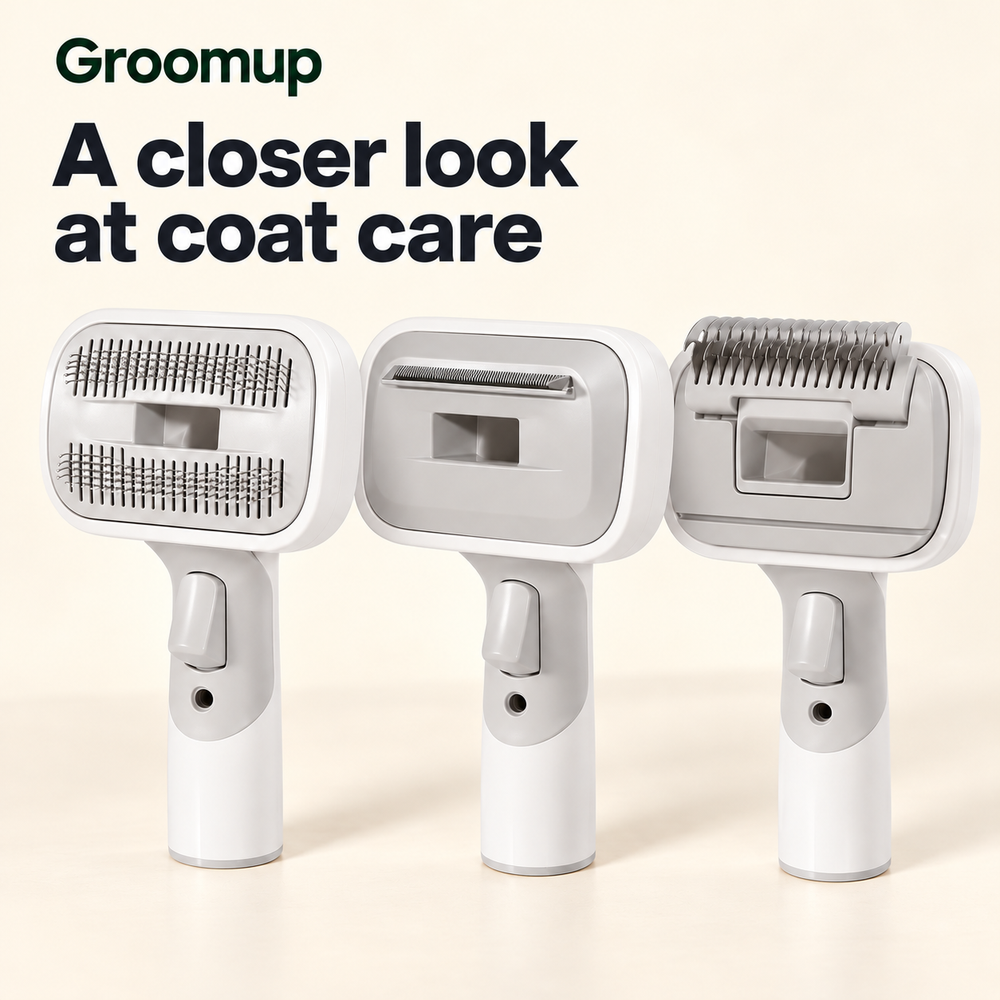 Three Groomup coat-care attachment designs