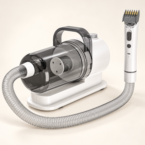 Groomup grooming vacuum with hose and clipper on an ivory background
